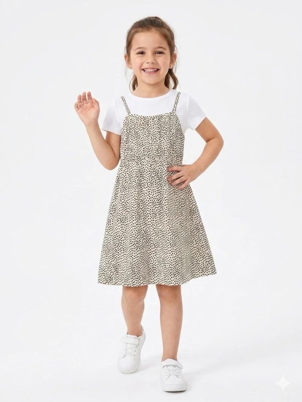 wonder nation Cream Dress with Black Dot Print and White Tee